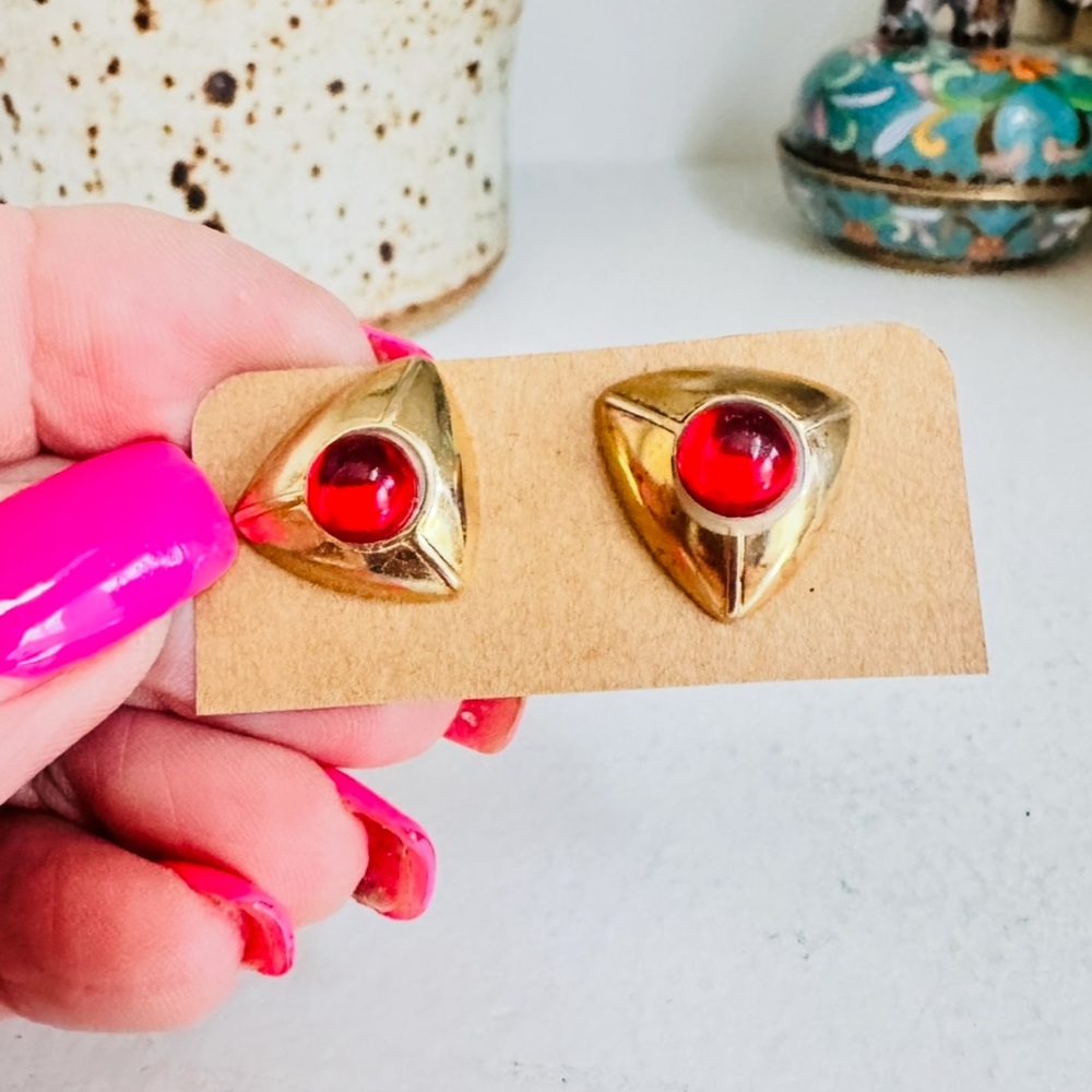 Gold and Red Triangle Stud Earrings